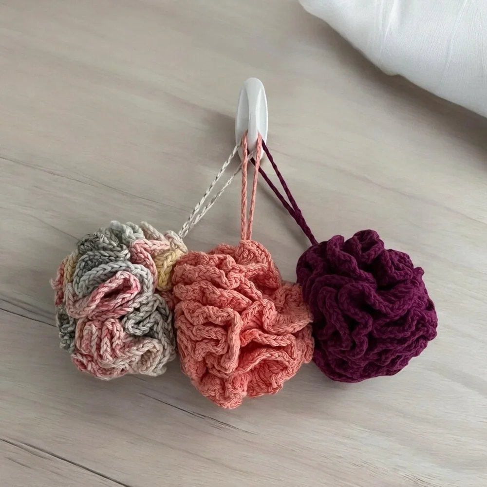 Set of 3 Crochet Peach/Burgundy/Gray Eco-Friendly Bath Loofahs with Hanging Loop